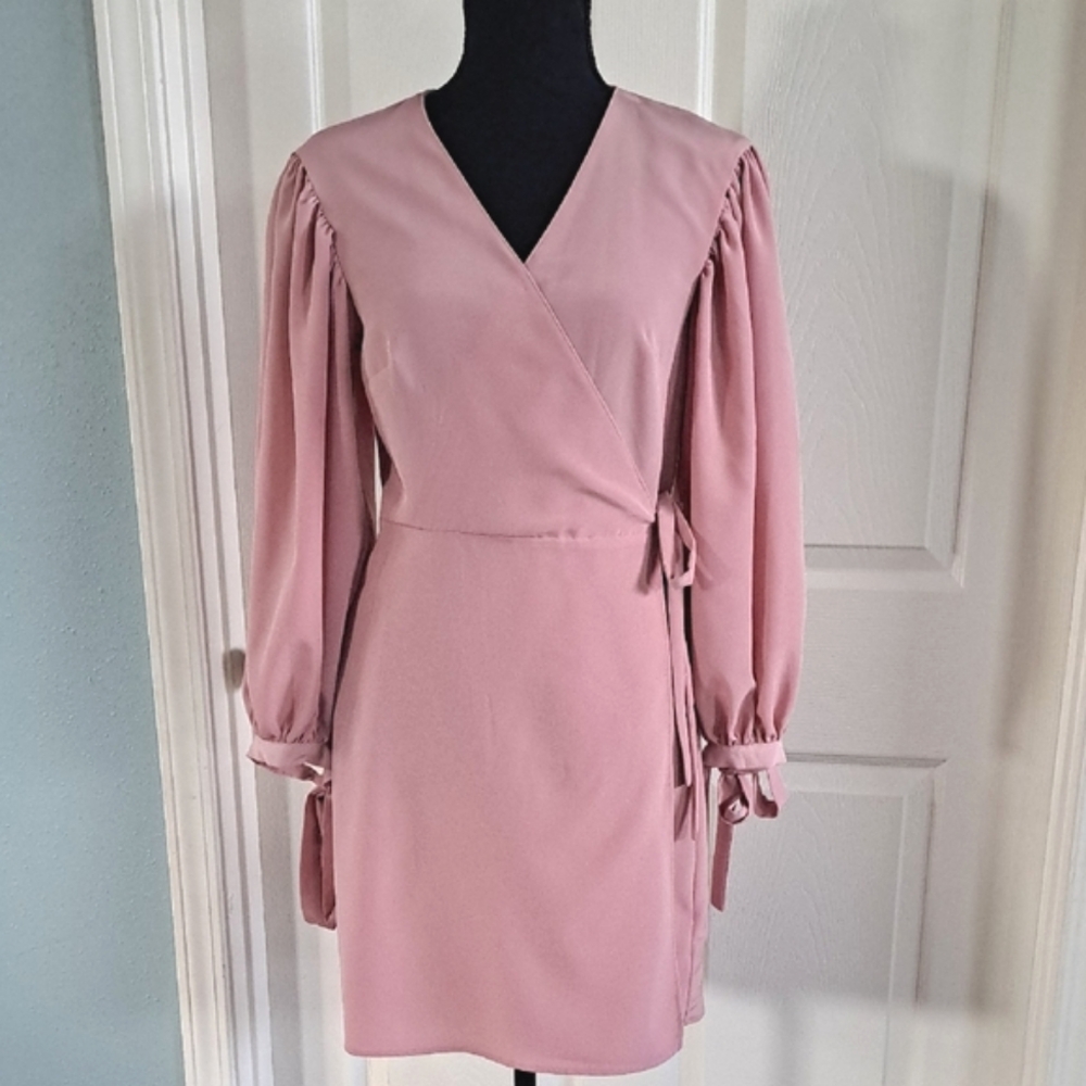 Topshop Pink Wrap Balloon Sleeve Satin Feel Tie Waist Dressy Stylish Mini Dress - Picture 1 of 13